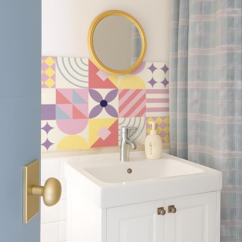 Alwayspon 15 x 15 cm x 10 piezas de vinilo autoadhesivo estilo Memphis resistente al agua, azulejos adhesivos de transferencia para azulejos de baño, cocina, suelo, pared, base beige, morado, rosa