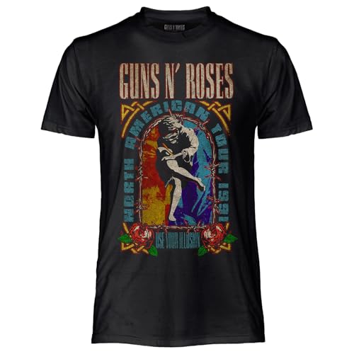Guns N' Roses, Official Use Your Illusion T Shirt. Unisex Cotton T-Shirt. Regular Fit Rock T-Shirt for Adults and Boys, Black, XL