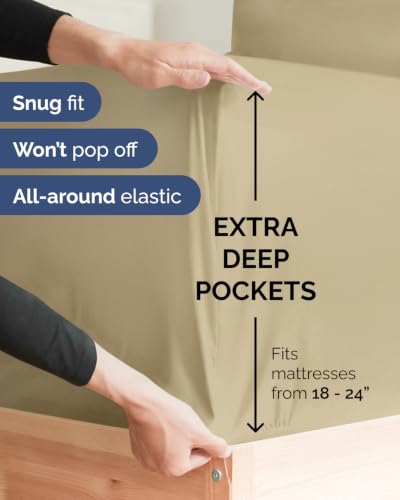 Image of CGK Unlimited Extra Deep Flex Top Split Head King Sheet Set - 6 Piece Breathable and Cooling Sheets - Hotel Luxury Bedding for Women, Men, Kids & Teens - Easy Secure Fit - Extra Deep Pockets - Beige