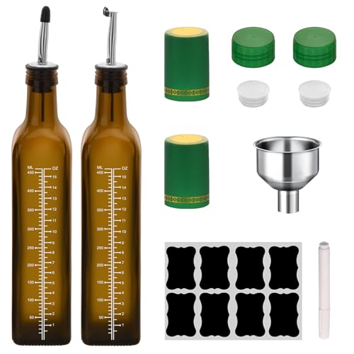 eispap Scale Olive Oil Dispenser Bottle,2 Pcs 17oz 500ml Glass Oil and Vinegar Dispenser Set with 2 Stainless Steel Pourers, 8 Labels,Funnel Oil Bottles for Kitchen (Brown)