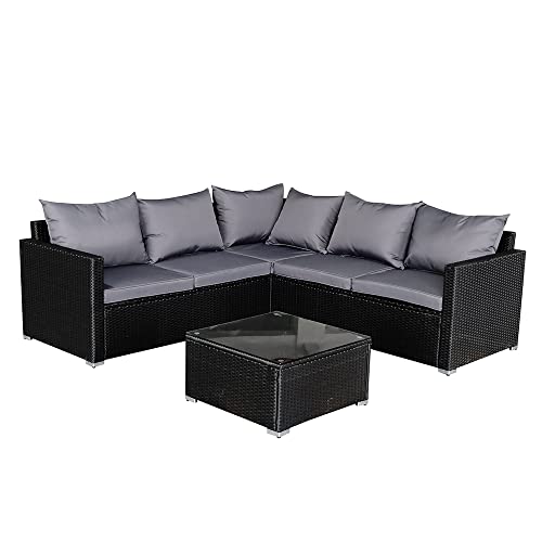 Panana Rattan Furniture Set 5 Seater Lounge Corner Sofa Set with Table Stool and Cover Garden Patio...