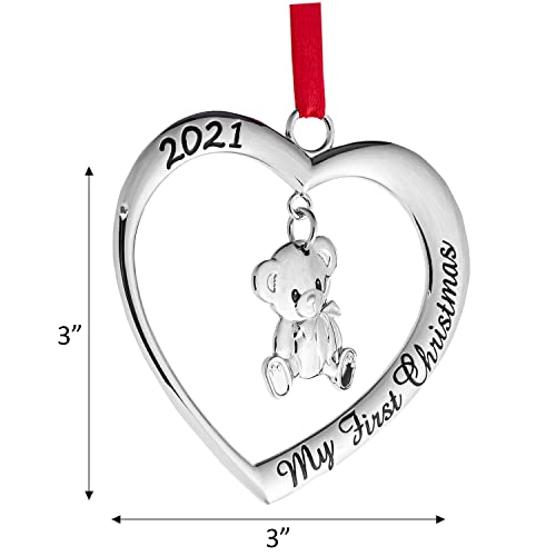 Klikel Baby's First Christmas Ornament 2021 - Silver Heart With Hanging Teddy Bear Christmas Ornament - Babies Christmas Ornament Engraved My First Christmas 2021 - Baby Ornament 2021 With Gift Box #TOP1