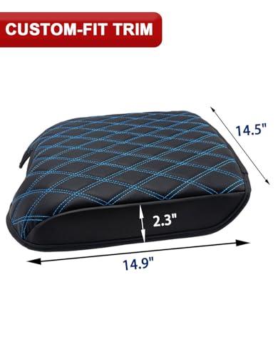 KBH Center Console Armrest Cover for 2014-2018 Chevy Silverado & GMC Sierra, 2015-2020 Tahoe Suburban Yukon, Bucket Seat, Vinyl Leather, Anti-Scratch, Black-Blue Stitch
