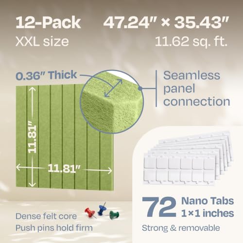 Image of X-Large Cork Board Alternative 12-Pack Felt Bulletin Board Thick and Decorative Pin Board for Home Office Walls 47.24 x 35.43 Inches with 72 Adhesive Tabs - [Gin Green]