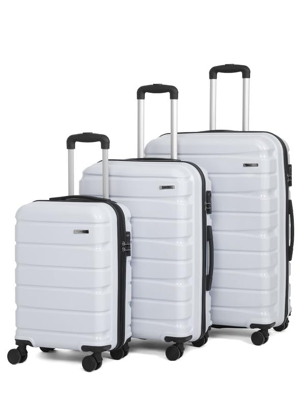 Image of Teakwood Small-Medium-Large 8 Wheels Trolley Bag, Hard Cabin with Zipper Closure, Adjustable Push Button & Cross Side Strap, TSA Lock System 360 Degree (Set of 3, Silver)