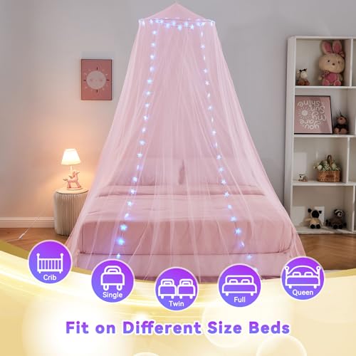 Obrecis Pink Bed Canopy for Girls, Bedroom Decor Princess Canopy Bed Curtain with Lights, 100 LED Star Fairy String Lights Hanging Dome Bed Tent with Remote for Twin to King Size Bed