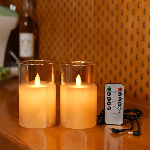 Lonkenn Bougies LED Rechargeable, Lot de 2, Bougies Sans Flamme avec Télécommande et Minuterie, Bougie Electroniques en Verre Marron, pour Mariage, Anniversaire, Décoration D'intérieur, 12.5cm