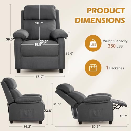 Recliner Chair, Living Room Chairs for Adults, Padded Deep Seat Reading Chair with Side Pockets, Small Recliners for Small Spaces, Lounge Chair for Living Room, Bedroom, and RV (Linen) - Image 3