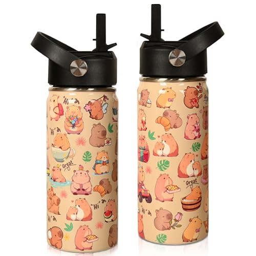 Cute Water Bottle 16 oz Capybara Water Bottle with Straw Lid Stainless Steel Insulated & Leak Proof BPA-Free Capybara Cup for School Travel Birthday(1pc)
