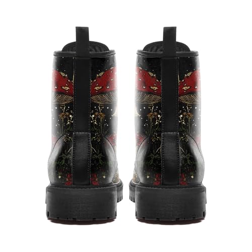 Womens Mushroom Floral Combat Boots - Witchcore Forest Goth Boots Chuncky Heel Vegan Leather Fashion Lace-Up Black Ankle Booties4