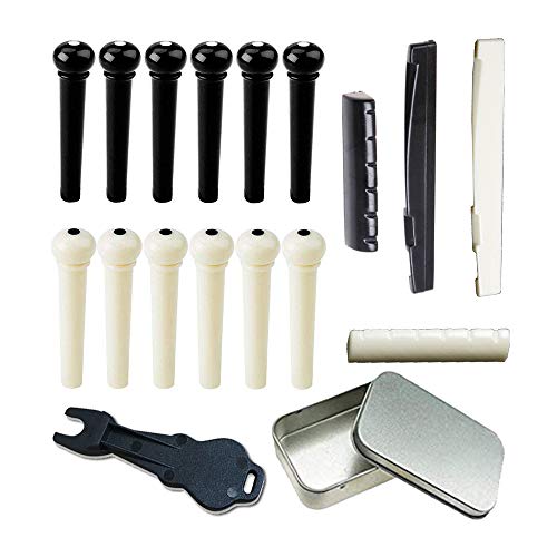 12pcs Acoustic Guitar Bridge Pins Pegs and 2 Set Saddle Nut with 1pc Bridge Pin Puller Remover, Ivory & Black-Jinlop