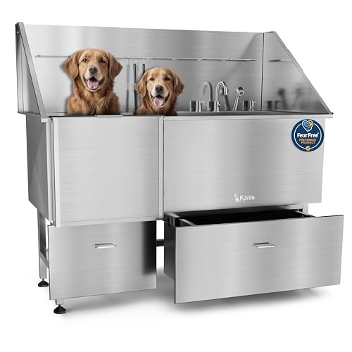 Image of KANIS Professional Dog Washing Station 304 Stainless Steel Pet Wash Sink & Grooming Bathtub w /Shower, Floor Grates and Storage for Large, Medium & Small Pets (Silver, 61 Inches, Left Ramp, 2 Drawers)