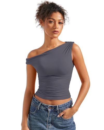 SUUKSESS Women Off Shoulder Tops Sleeveless Shirts Y2K Trendy Going Out Crop Tank Top (Grey,M)