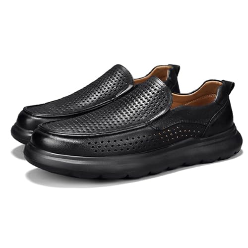 Men's Hollow Leather Platform Shoes Summer Comfortable Breathable Slip On Lightw Soft Bottom Penny Loafer Outdoor Driving Travel Casual Walking Shoes
