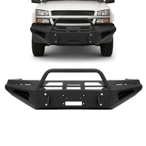 KUAFU Front Bumper Assembly Compatible with 2003-2007 Chevy Chevrolet Silverado 2500HD 3500HD Winch Bumper w/Bull Bar & D-ring Hole Powder Coated Black Steel