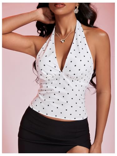 Milumia Women's Polka Dot Halter Top Deep V Neck Sleeveless Tie Backless Tank Tops Party Club3