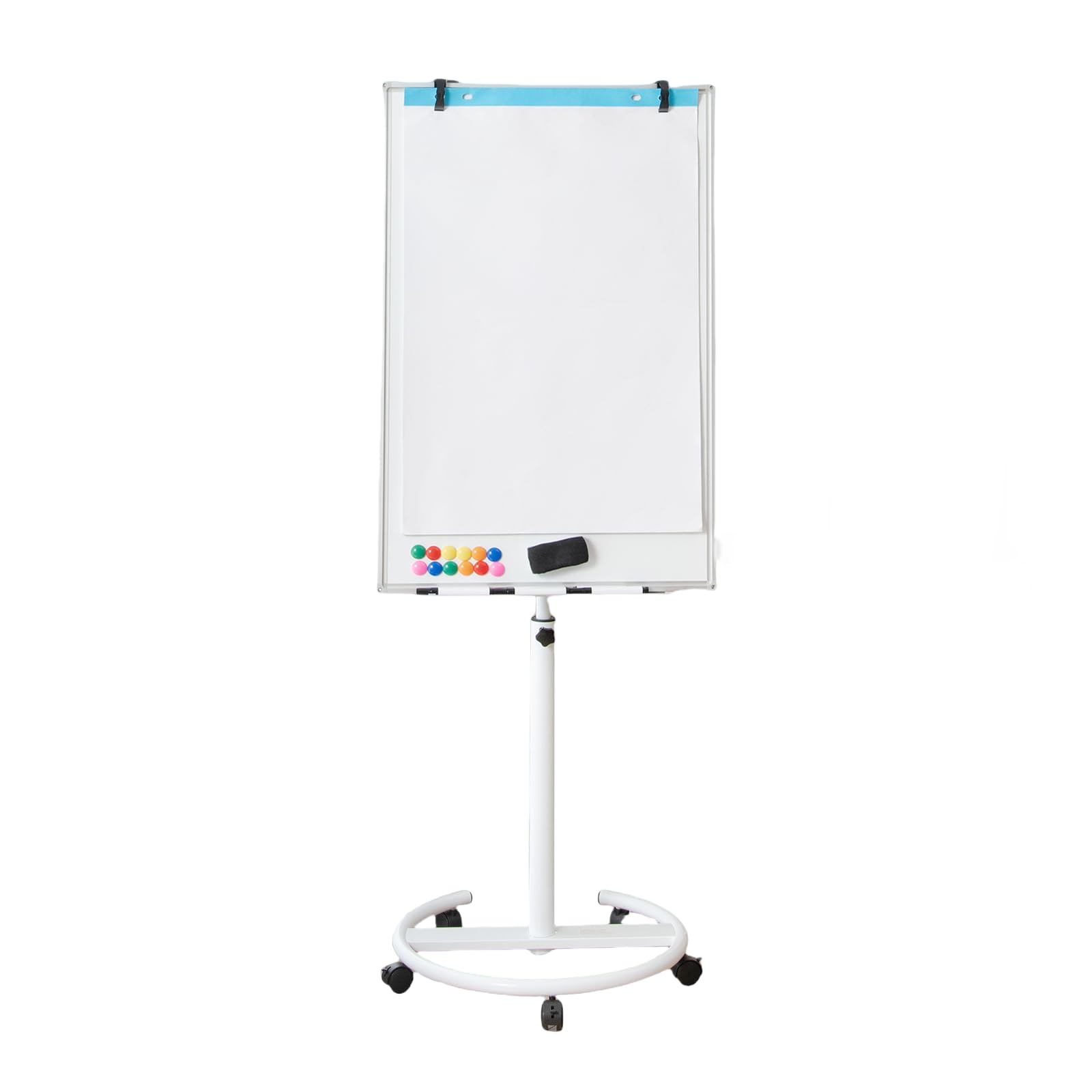 FANTASK Flipchart Ständer, 100x65cm, Mobiles Whiteboard auf Rollen, höhenverstellbar bis 192cm, trocken abwischbar, magnetisch, Flip Chart mit rundem Ständer, Magneten, Markern & Radierer, Weiß
