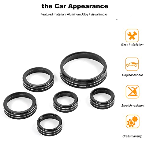 Razpoy For Bronco Center Console Air Conditioner Radio Headlight Switch Knob Ring Four-Wheel Drive Cover Interior Decoration Accessories For Ford Bronco 2021 2022, Aluminum Alloy (6Pcs Black) #TOP5