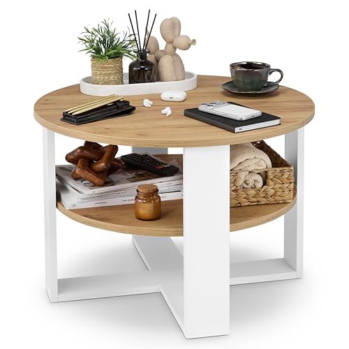 defiPad Table Basse Ronde Ø70 cm – Table d’appoint Bout de canapé avec étagère, 2 Niveaux, Meuble de Salon Moderne, Blanc et chêne, Design Industriel,...