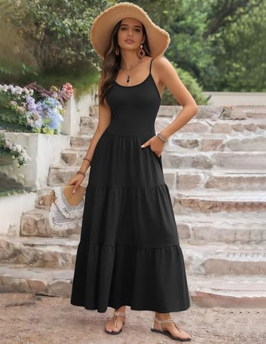 Image of Zeagoo Womens Summer Long Dress Adjustable Spaghetti Strap Floral Casual Dress with Pockets Flowy Tiered Beach Sundress