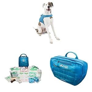 Kurgo RSG Townie Hundegeschirr, Einfaches Anlegen und Abnehmen,Größe M, Blau+Erste-Hilfe-Set für Hunde,Kompatibel mit RSG-Geschirren und Gürteln+ Satteltasche für Hunde, Mit zwei Reißverschlusstaschen