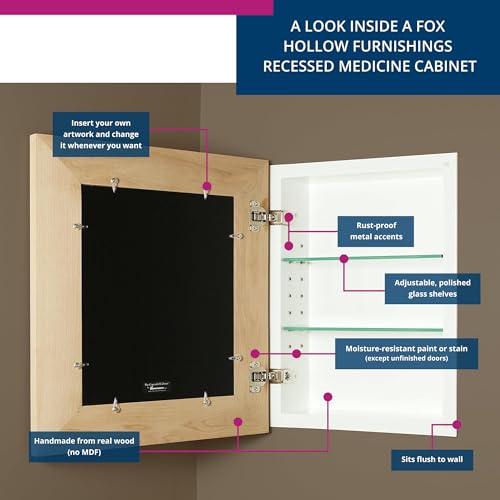 Image of 13x16 Concealed Picture Frame Medicine Cabinet without Mirror for Bathroom, Recessed in the Wall, Made in North America, Real Wood, NO MDF, Adjustable Shelves, Unfinished Raised Edge
