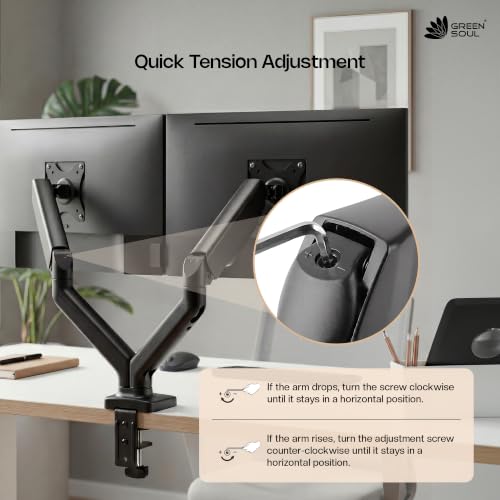 Image of Green Soul Dual Monitor Gas Spring Stand|Fits 13-32 inch Screen|9Kg Weight Capacity|Height Adjustable Desk Mount, VESA Plate, Grommet & C-Clamp Base|Monitor Riser for Desk|Tilt, Swivel & Rotation|Black