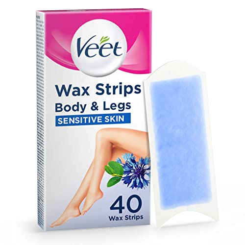 Veet Cold Wax Strips 40 Count for Legs and Body, Sensitive Skin Removal, 28 Days Smoothness, Softer Regrowth, Effective On Very Short Hair, Quick at-Home Waxing