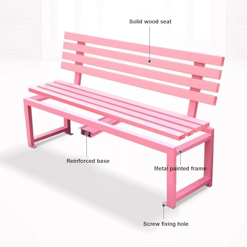 Banco de jardín rosa con listones de madera y estructura de hierro para exterior 6