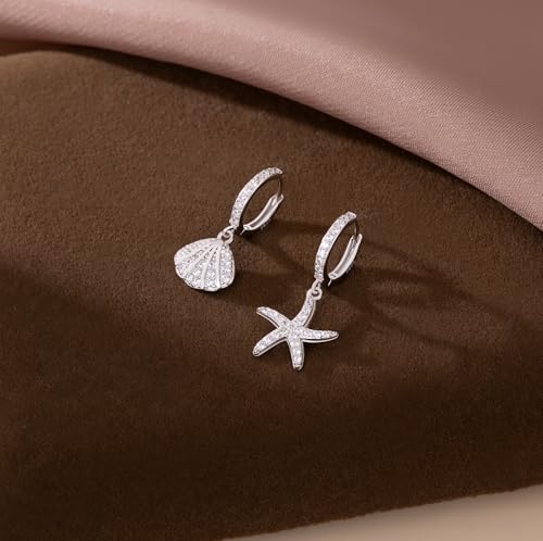 SLUYNZ 925 Sterling Silver CZ Seashell Hoop Earrings for Women Teens Starfish Huggie Earrings Dangle Beach Earrings3