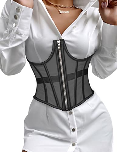Topmelon Zip Up Corset Underbust Mesh Corset Top Cupless Lace Up Corset Underwire Sheer Waist Cincher Lingerie Corset Open Cup Bustier Corset Black Large #TOP15
