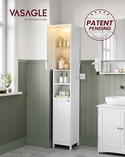 Image of VASAGLE Tall Storage Cabinet with Lights, Slim Freestanding Cabinet with Adjustable Shelves, for Small Spaces, Bathroom, Living Room, Modern, 11.8 Inches Wide, Cloud White UBBC566W02V1