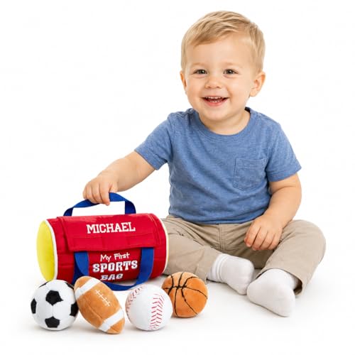 Personalized My First Sports Bag with Name Embroidered Babys Sports Bag for Baby boy & Girl Custom Name Stuffed Plush Playset with Mini Plush Basketball Baseball Football Soccer Ball - 8 Red