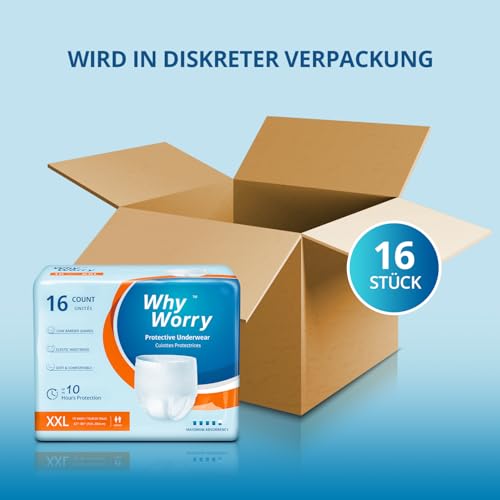 WhyWorry Inkontinenz Pants für Männer und Frauen, Inkontinenz Slip Damen und Herren, Windelhosen Erwachsene Einweg, Auslaufschutz über Nacht, Geruchsschutz, Unisex, Größe XXL, 16 Stück