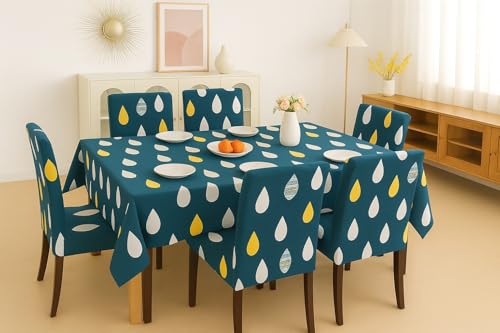 Image of Homerz Premium 6 Seater Dining Table Cloth with 6 Dining Chair Covers,Elastic Fitted Chair Slipcovers, Printed Polycotton Fabric, Table Cloth Size 60x90 inch (NW Drop)