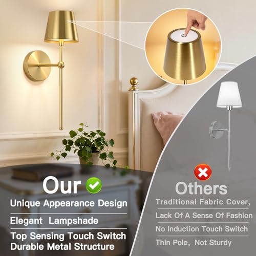 Image of TaoFiaCo Battery Operated Wall Sconces Set of 2,Wireless Wall Sconce Gold | 5200mAh Rechargeable, Remote, Timer, Dimmable, Cordless Wall Light for Bedroom Living Room, Hallway, Light Decor