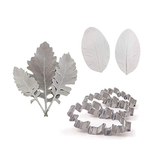 AK ART KITCHENWARE Fondant Flower Silicone Veiner Molds Stainless Steel Cutters Set Sugarpaste Tools Cake Decorating Tools (Leaf of Senecio Cineraria)
