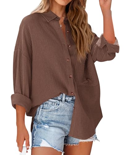 Image of NOLLSOM Casual Shirts for Women Long Sleeve Button Down Blouses Fall 2026 Solid Color Trendy Tops with Pocket