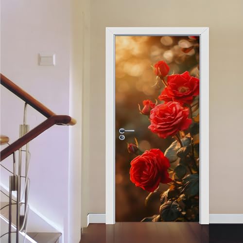 Vinilo Puerta Flor Marrón Rojo Vinilo para Puertas Muebles Adhesivos Fácil de Aplicar Duración Decorativos Papel Pintado para Puertas Baño Dormitorio (88x200 cm)