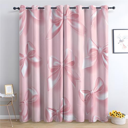 Pink Bow Curtains, Kids Girls Blackout Curtains for Bedroom Living Room, 66x72 Inch Drapes, Eyelet Thermal Window Treatments, 2 Panels HSN177