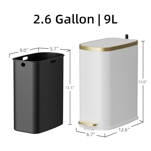 Image of KUK Small Bathroom Trash Can with Lid Soft Close, Step Pedal, 2.6 Gal Stainless Steel Garbage Can with Removable Inner Bucket, Anti-Fingerprint Wastebasket for Office, Bedroom, Toilet (White)