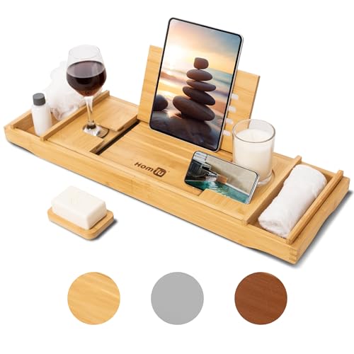 Homiu Bamboo Bath Tray - Extendable Bath Caddy - Natural Wooden Bathtub Tray with Candle, Wine Glass, Book Rest, iPad & Phone Holder Stand - Luxury Bathtub Accessories - Bath Accessories (Natural)