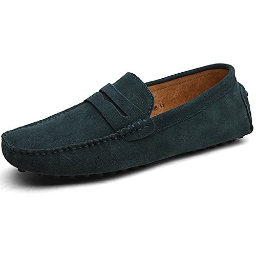 Jamron Hombres Cuero de Gamuza Penny Mocasines Comodidad Zapatos de Conducir Plano Pantuflas Verde 2088 EU42