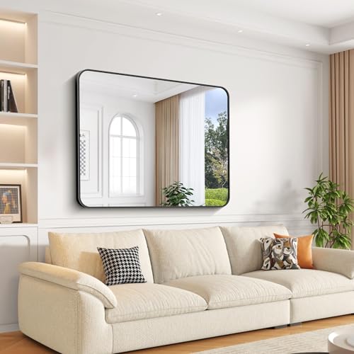 Bathroom Mirror, 48x36 inch Black Rectangle Wall Mirror, Metal Frame Rounded Corner Vanity Mirror, Large Wall Mounted Mirror for Over Sink Bedroom Living Room Horizontal Or Vertical Mounting