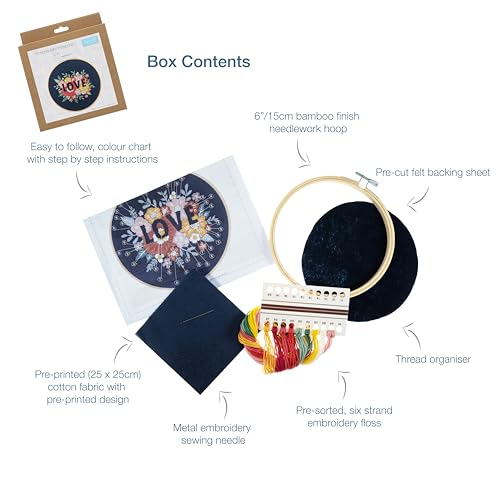 Trimits Embroidery Hoop Kits - 15cm 6” Beginner Starter Set, Includes Bamboo Hoop Threads Cloth Needle Backing & Instructions, Love - Image 3