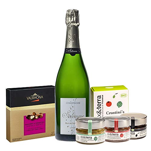 Coffret Cadeau Champagne et chocolat - Panier Gourmand 100% Made in France - Champagne Brut, trio d'apéro bio et biscuits Aix et Terra, Coffret Valrhona Amandes et Noisettes Chocolat Grand Cru Cover