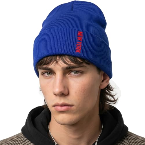 Daxton Vertical USA Cities Cuffed Beanie Winter Knit Hat Skully Cap for Men Women New York Royal Red