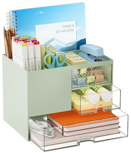Image of Shuttle Art Green Desk Organizer with Drawers for Study Table & Office | Multi-Functional Stationery Organizer, Table Storage Box for Students, Home, School, College | Aesthetic Desktop Organizer