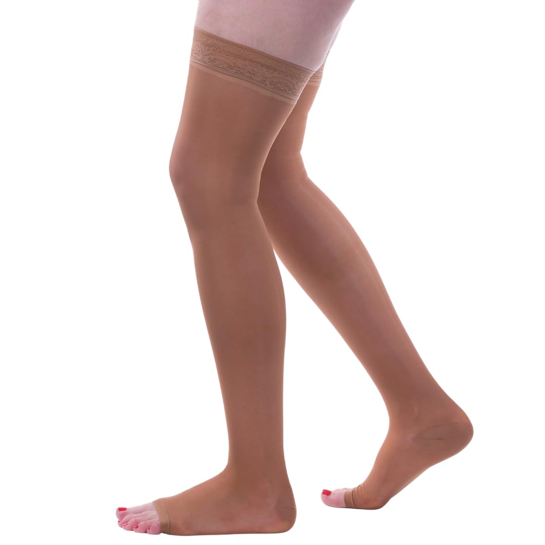Allegro Comfortable Essential Compression Stockings, Thigh High Open Toe Support for Women with Compression Relief 20-30mmHg, 9 Sheer Support Hose