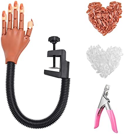 LIONVISON Practice Hand for Acrylic Nails-Flexible Moveable Fake Hand for Nail Practice, False Nail Mannequin Hands Training with 200PCS Replacement Tips and 1 Clipper